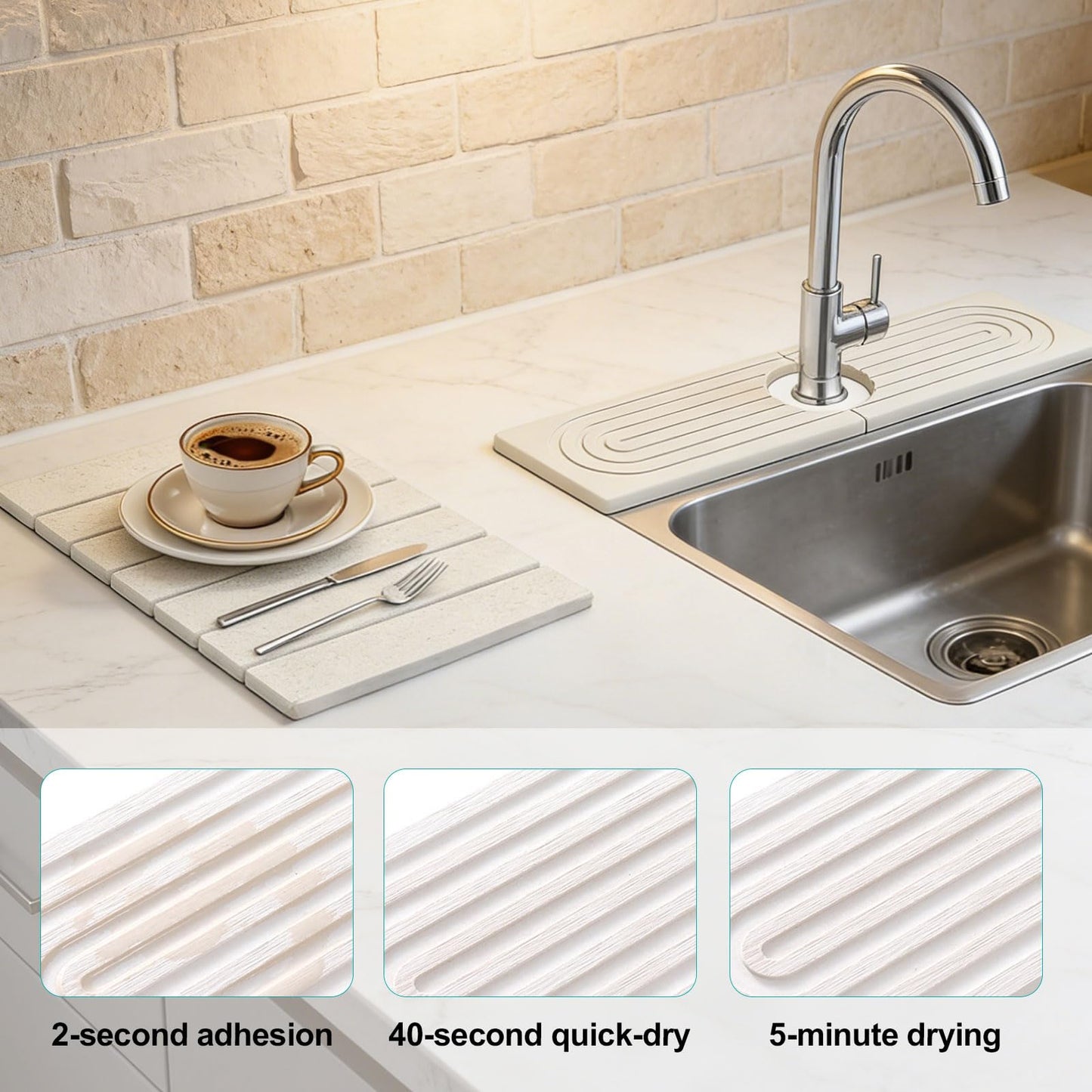 Stone Drying Mat Kitchen 2Pcs Set, Foldable Faucet Mat & Countertop Absorbent Pad Diatomaceous Earth Dish Drying Mat Suitable for Kitchens, Bathrooms & Vanities