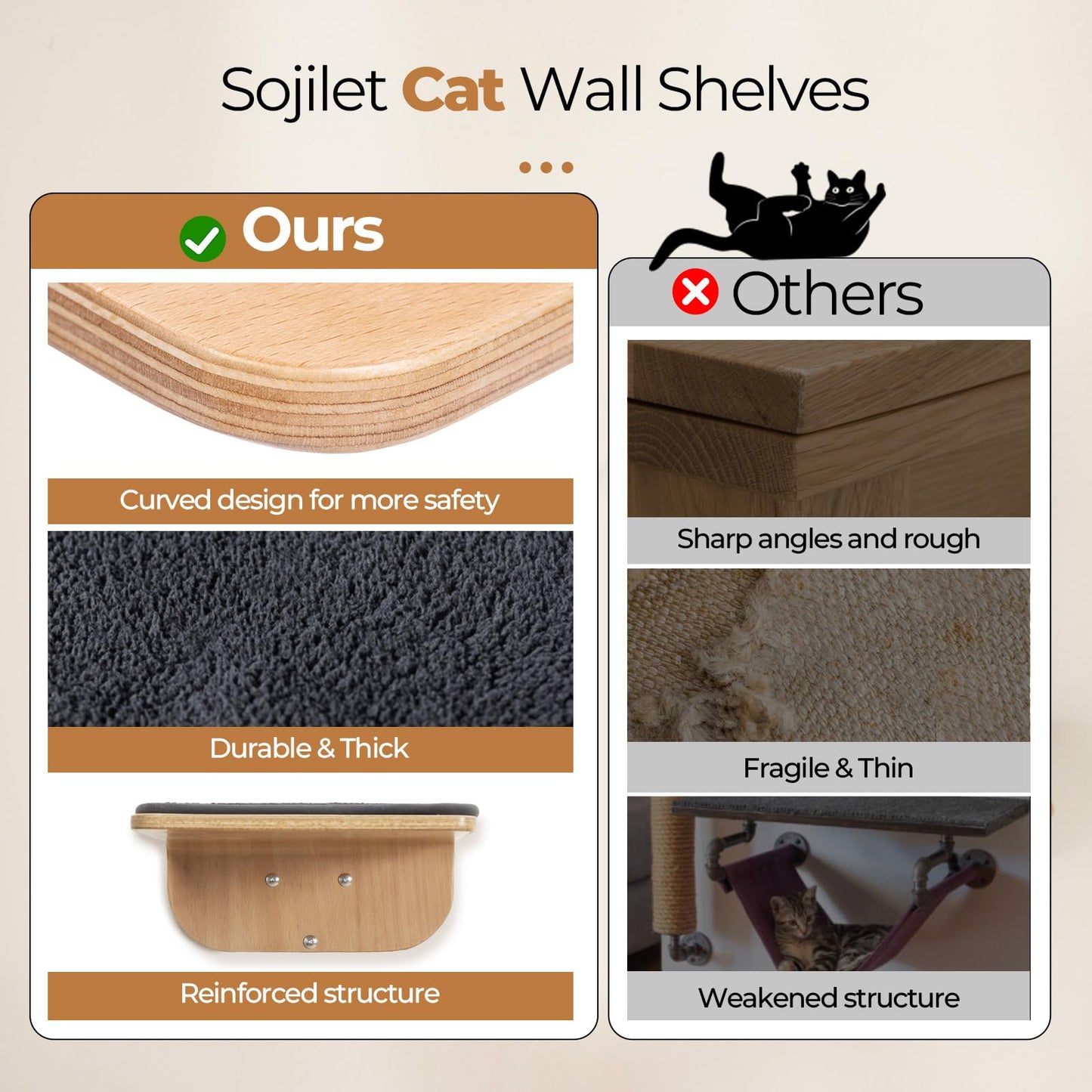Cat Wall Shelves for Cat Wall Steps, Perch, Ladder, Wooden Floating Modern Mounted Space Saving Furniture with Scratching Cushion Removal Cover for Climbing, Jumping and Sleeping(Steps)