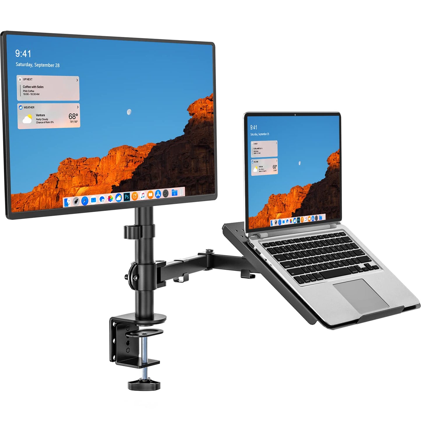 WALI Laptop and Monitor Stand, Fully Adjustable Monitor Mount and Laptop Tray for 1 Notebook up to 17 inch and 1 Screen up to 27 inch, 22 lbs, Weight Capacity (M001LP), Black