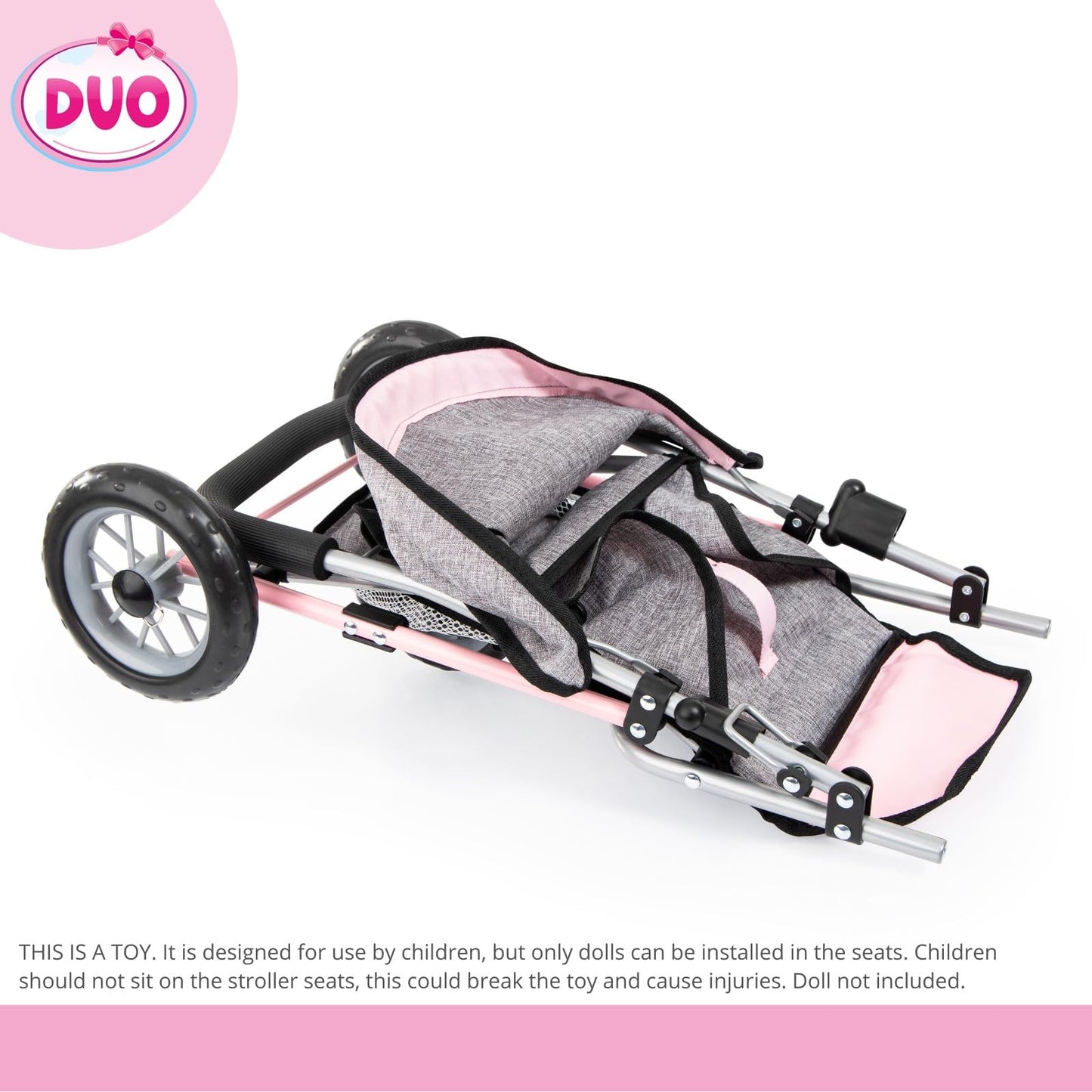 Bayer Design - Twin Dolls Pram Duo Grey Pink Butterfly - Double Stroller for Dolls, Sun Canopy, Security Belt - Dolls Up to 18” - Age 3+ - 39133AA