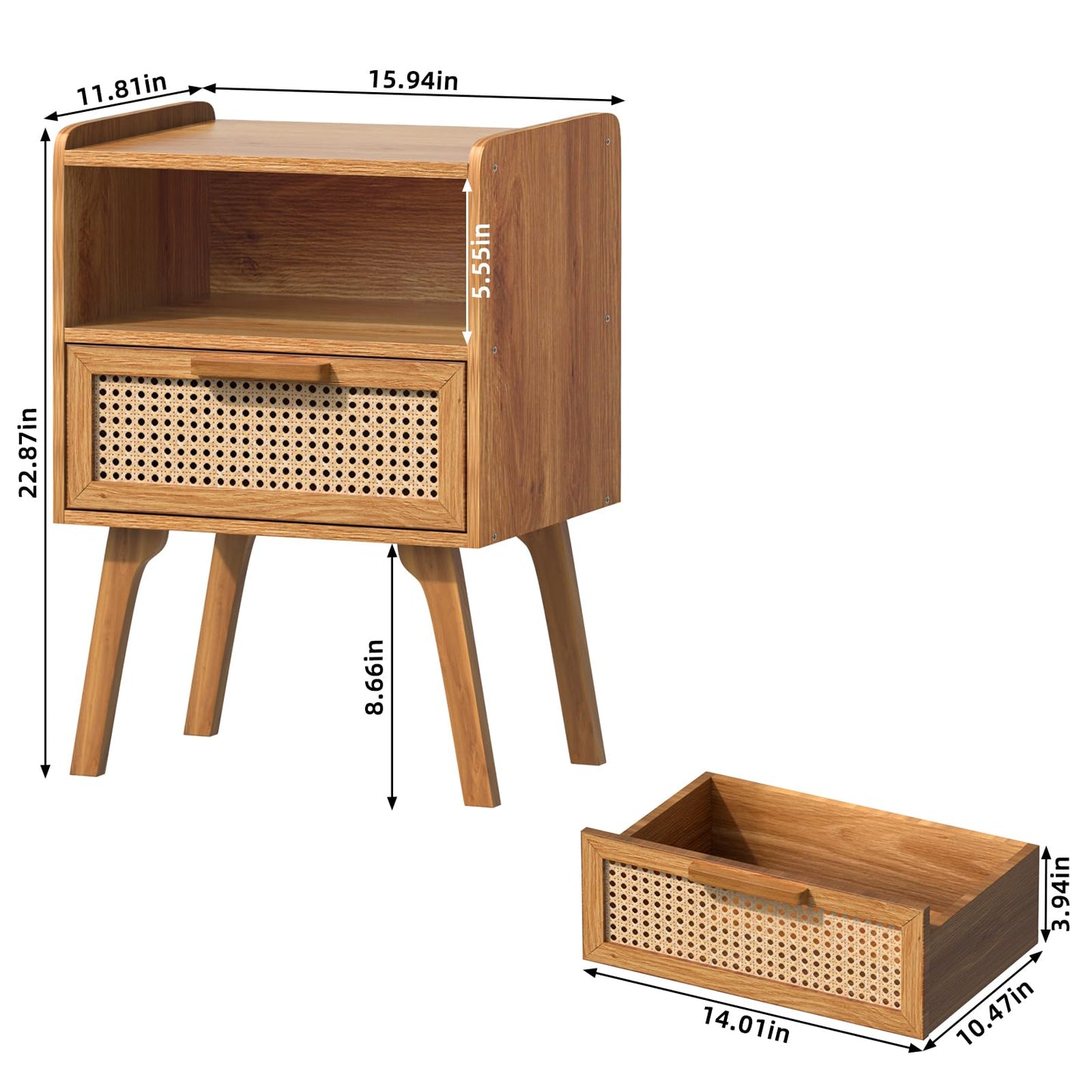Lerliuo Rattan Nightstand, Boho Side Table with Drawer Open Shelf, Cane Accent Bedside End Table with Solid Wood Legs for Bedroom, Dorm and Small Spaces（Tea Brown）