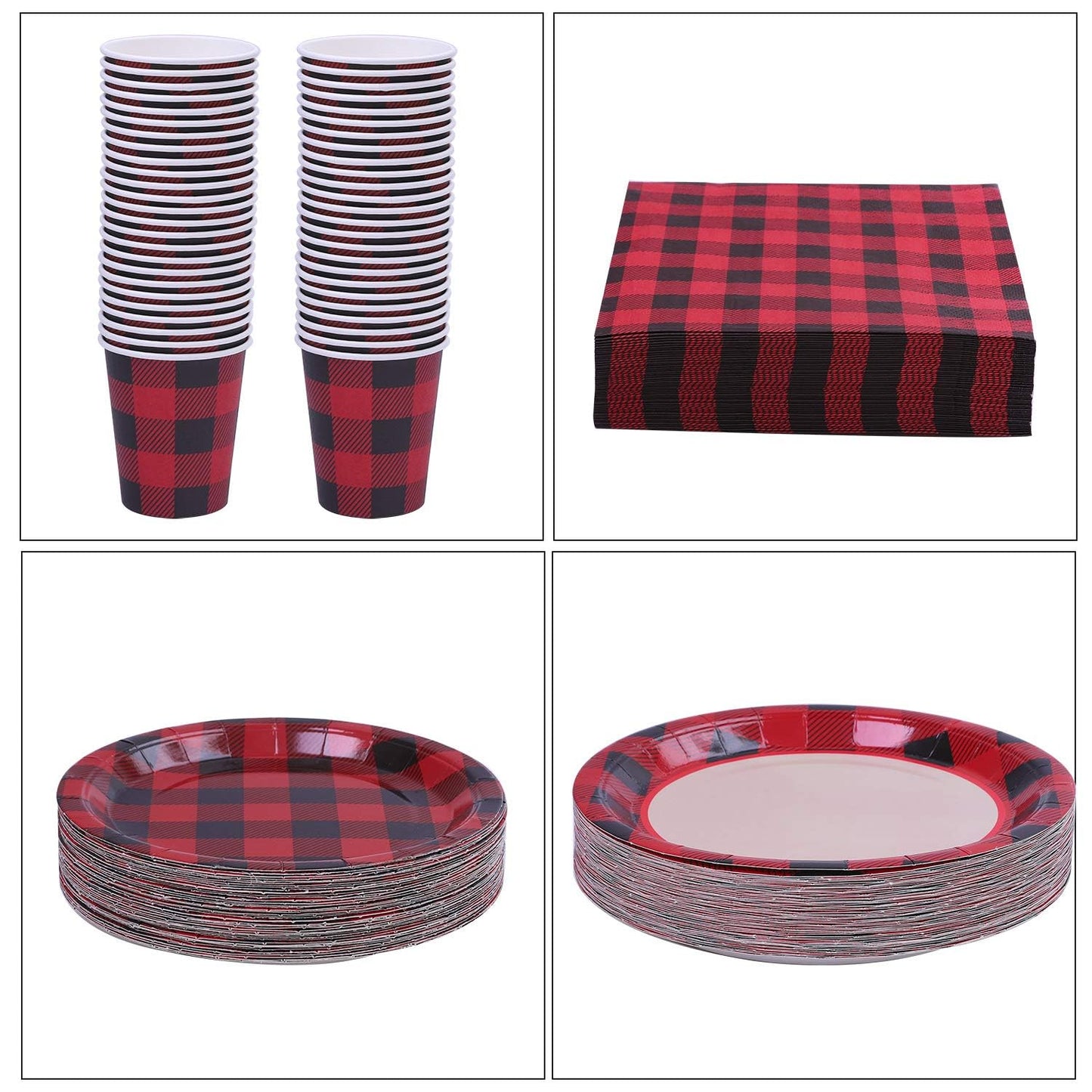 Aneco 200 Pieces Red and Black Buffalo Plaid Dinnerware for 50 Guests Disposable Buffalo Check Paper Plates Cups and Napkins Tableware for Baby Shower Party Decorations