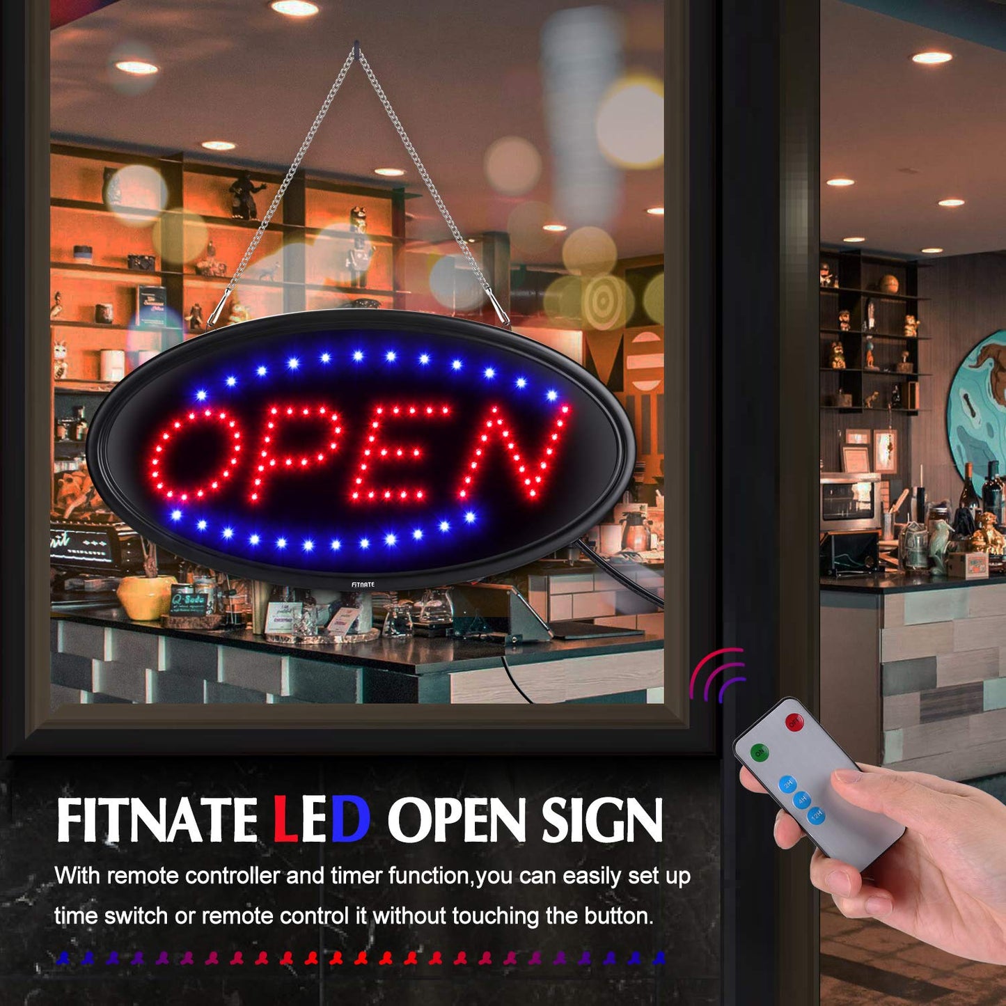 FITNATE LED Open Sign, 19x10inches (Update Version), Red, Blue, Plastic, Wall Mount, LED, Attention-Grabbing, Open/Closed Indication