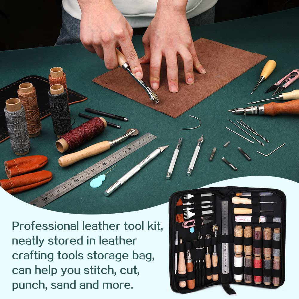 LUNARM Leather Working Tools, Leather Craft Tools and Supplies with Waxed Thread Punch Groover Awl Carving Knife Tracing Wheel for Beginners and Professionals Leather Tooling Kit for DIY Craft