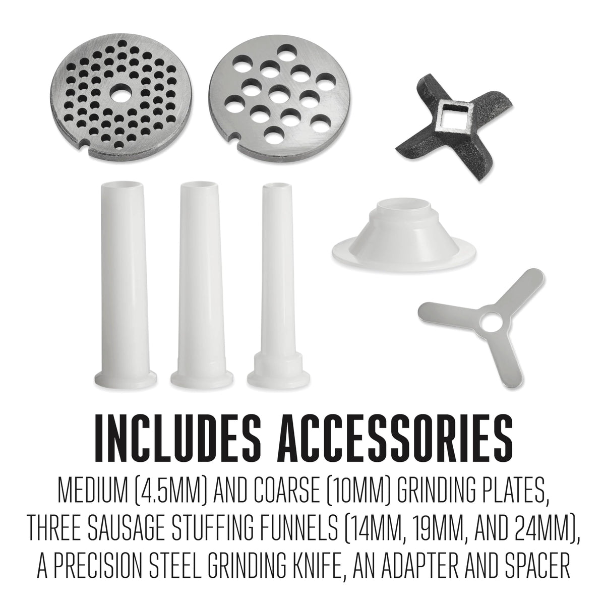 Weston #10 Manual Tinned Meat Grinder and Sausage Stuffer, 4.5mm & 10mm plates, + 3 sausage funnels,SAdjustable Burrs, Portable,Silver, 36-1001-W