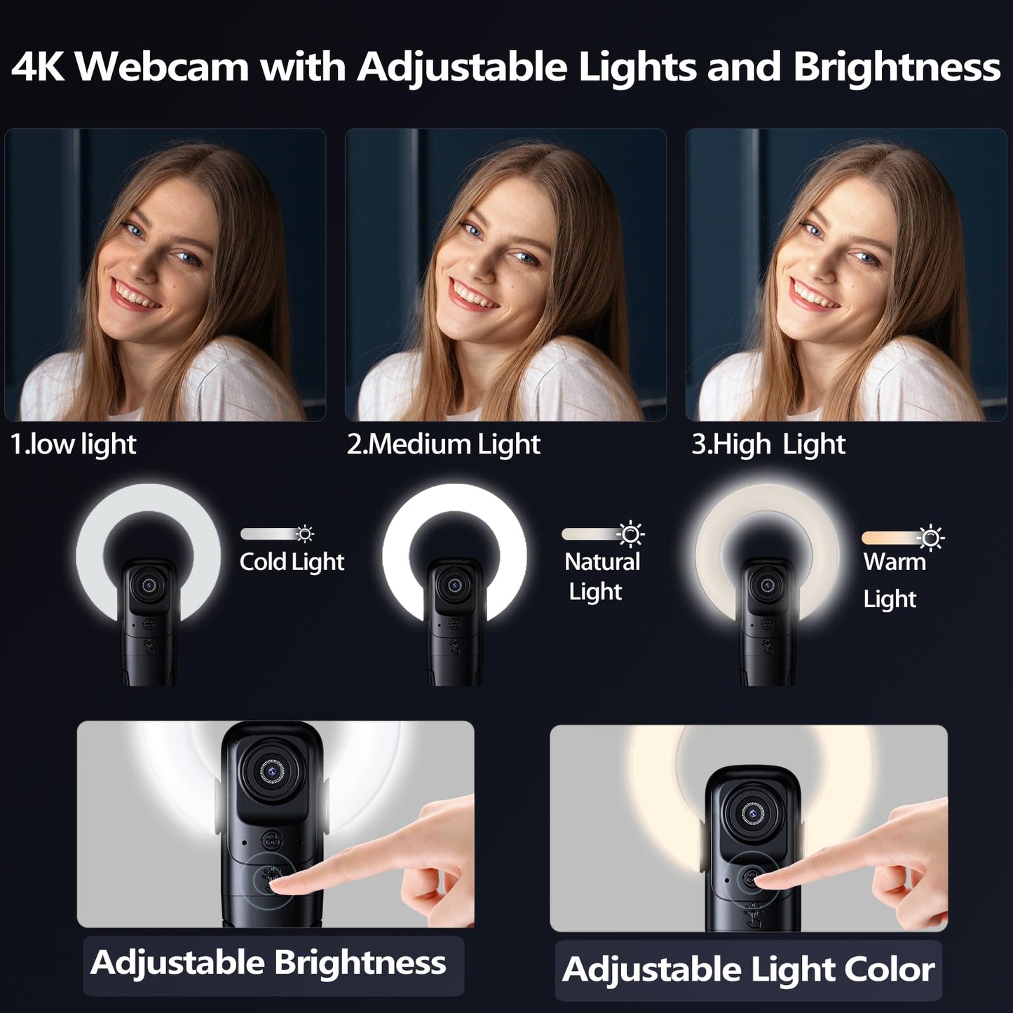 4K Webcam with Light, Webcam for PC with Microphone, Plug and Play, USB Computer Camera for Desktop, Auto-Focus, Web Camera for Desktop Computer Zoom Skype