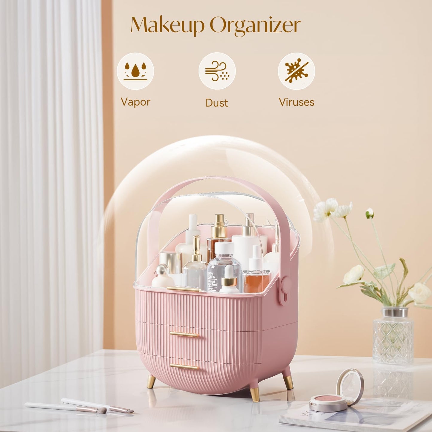 Rusunde Makeup Organizers, Skincare Organizer for Vanity,Portable Cosmetic Display case, Makeup Caddy for Dorm,Bathroom,Dresser Cosmetic Storage Box (Pink)