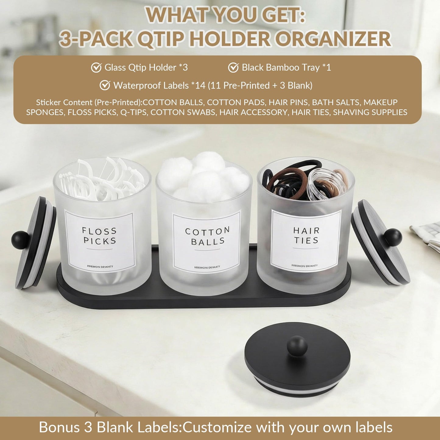 3 Pack Qtip Holder Dispenser - Glass Apothecary Jars with Bamboo Lids, Cotton Ball Pad Swab Round Holder, Floss Pick Containers, Bathroom Organizers with Tray & 14 Labels - Frosted Clear
