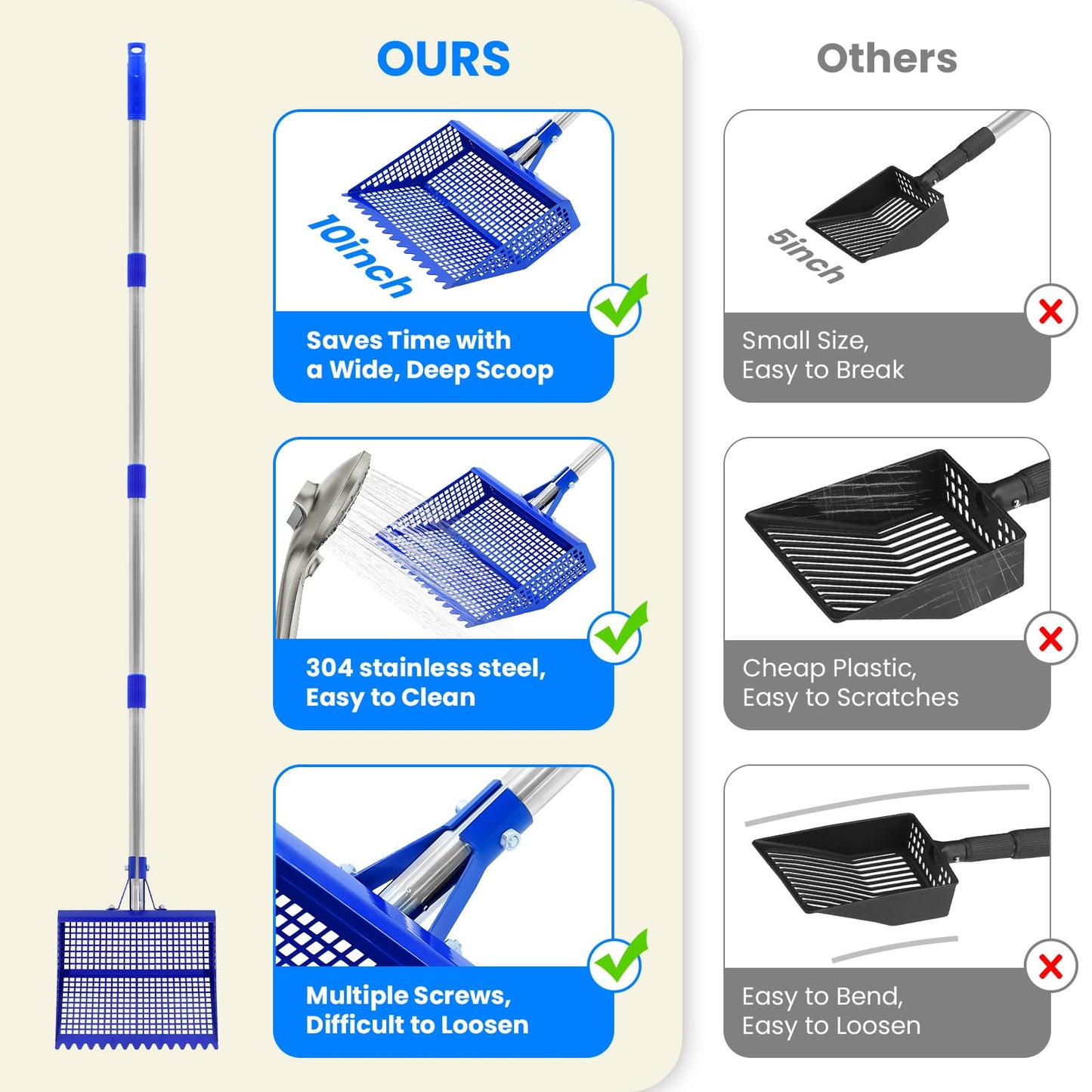 Chicken Poop Scooper Rake 2-in-1, Metal Shovel Head Chicken Coop Accessories, Adjustable 304 Stainless Steel Handle, Litter Scooper Sand Sifting for Chicken Coops Small Farm Animals(36" to 62")