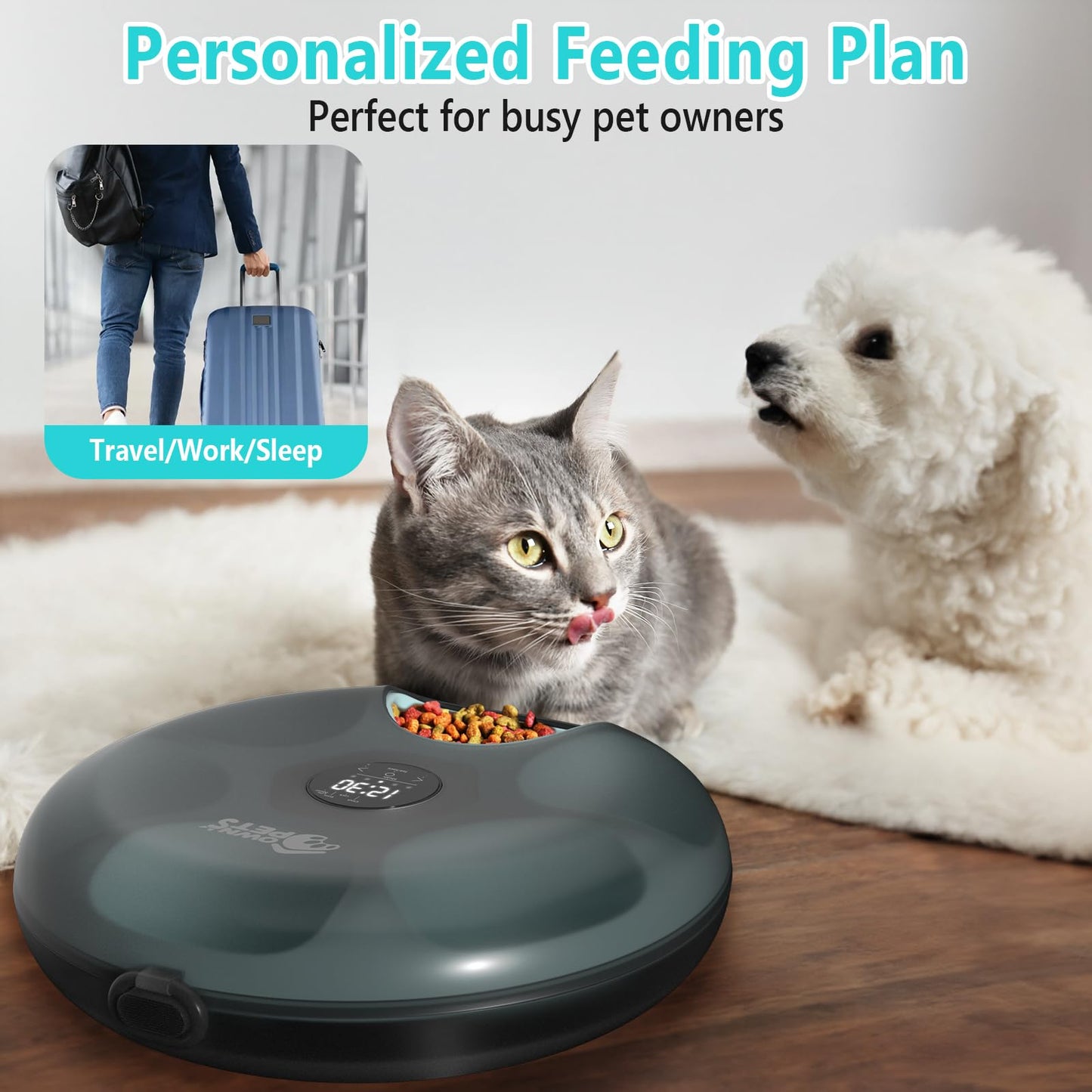 Ownpets 6 Meals Automatic Cat Feeder for Wet/Dry Food, with 2 Ice Packs, Programmable Timed Pet Food Dispenser, Cordless Rechargeable Battery Auto Feeder for Kitty/Small Dogs,Black
