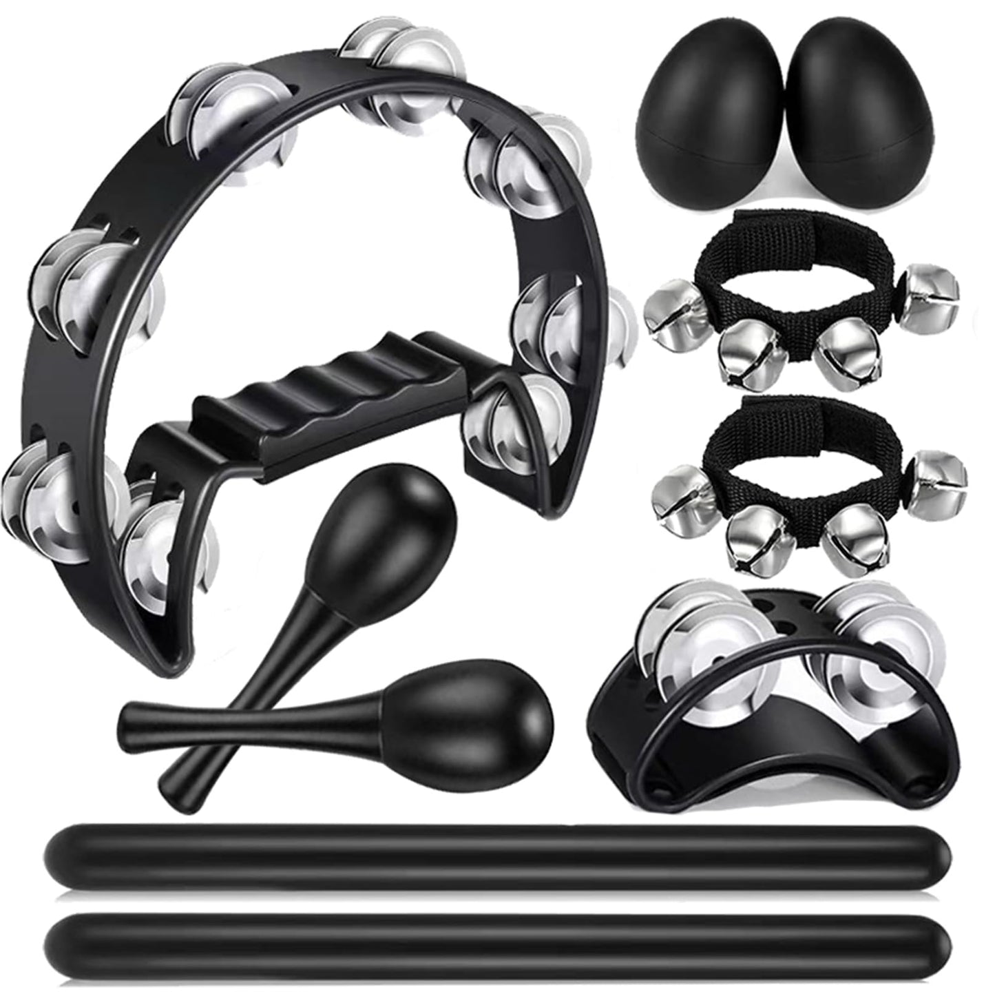 8 Pcs Tambourines for Adults, Hand Held Half Moon Tambourine Foot with Bells Wood Rhythm Sticks Egg Shakers Musical Hand Percussion Instrument Set for Church KTV School Party Music Supplies