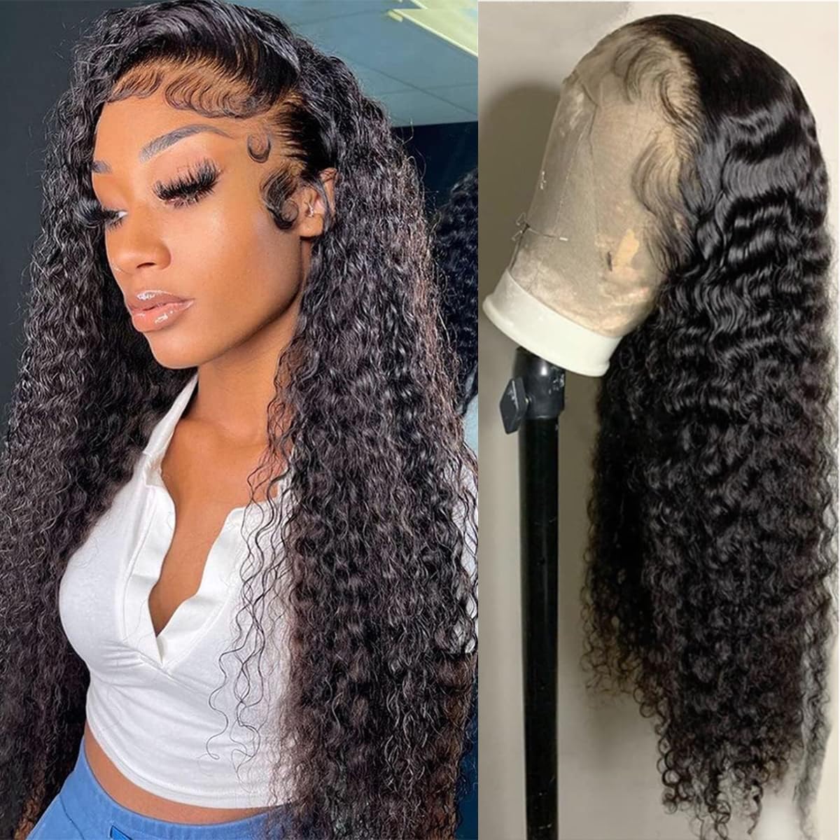 Deep Wave Lace Front Wigs Human Hair 16 Inch 13x4 Lace Frontal Closure Wigs for Woman Human Hair Glueless Pre Plucked with Baby Hair Brazilian Virgin Human Hair Wig 150% Density Natural Black