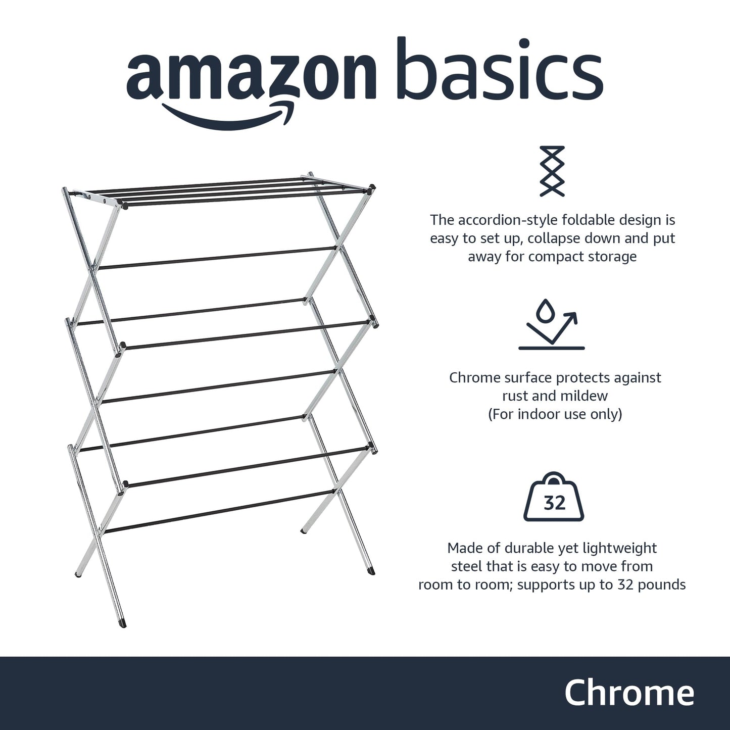Amazon Basics Foldable Portable Laundry Drying Rack for Indoor Air Drying Clothing, 29.4 x 14.8 x 41.9 inches (LxWxH), Chrome Silver