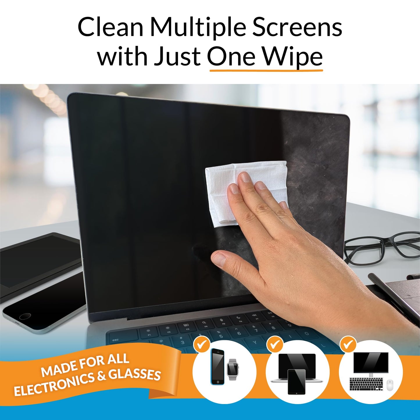 iCloth Large Screen Cleaning Wipes for Electronics, Lint-Free and Streak-Free, Fast-Drying, Removes Dust, Fingerprints, and Smudges (100 Large Wipes)