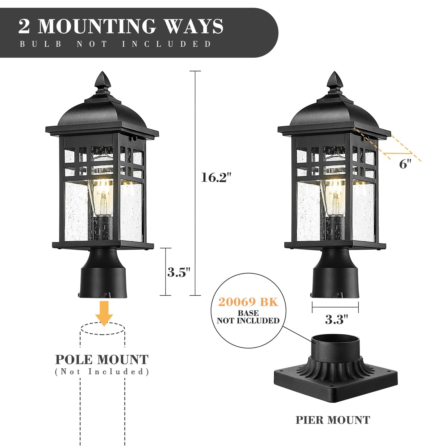 EMLIVIAR Farmhouse Outdoor Post Light for Fence, 1-Light Exterior Post Lamp for Patio Porch with Seeded Glass, 16" Height in Black Finish, DE279P BK