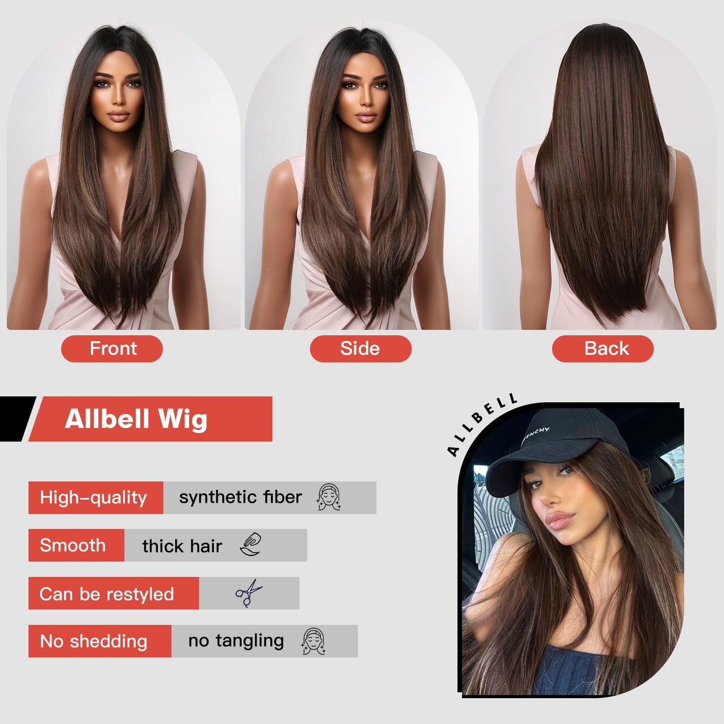 Brown Wigs for Women Long Straight Layered Natural Hair Wig with Dark Brown Roots Middle Part Synthetic Wig