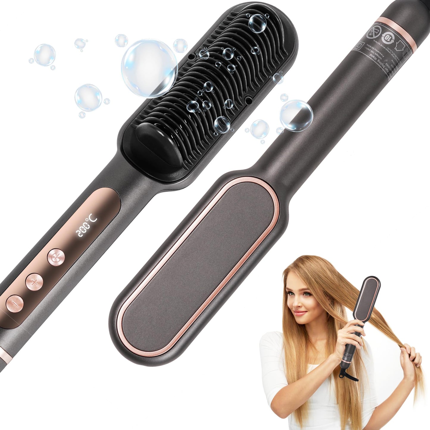 Hair Straightener Brush, 2 in 1 Flat Iron & Hair Brush for Straightening Hair, Anti-Scald Hot Straightening Comb with Negative Ions, 30s Fast Heating, 9 Temp Settings (120℃~200℃) and LED Display