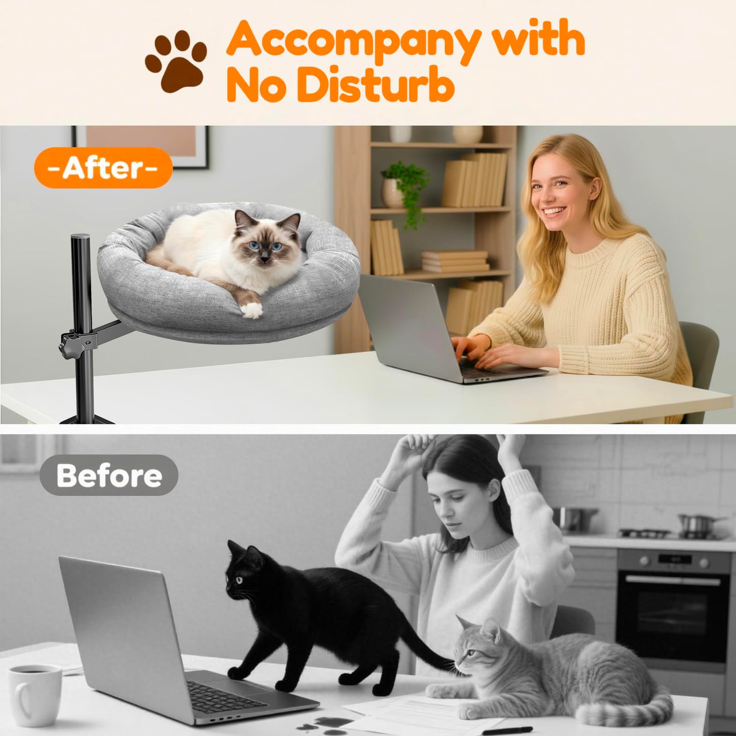 Homegroove Cat Desk Bed, Cat Bed for Desk with 360° Rotation & Height Adjustable, Cat Desk Perch with Soft Cushion, Sturdy Steel Frame, Supports Up to 40 lbs, Easy Installation (Grey)