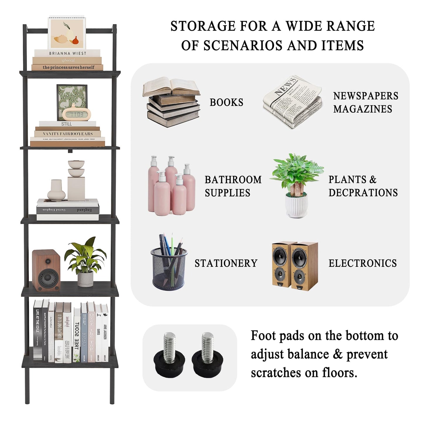 POBOMULI 5-Tier Ladder Shelf, Wall Mounted Ladder Bookshelf with Metal Frame, Wood Tall Open Storage Rack and Display Shelves for Home Office Bedroom Living Room, Black