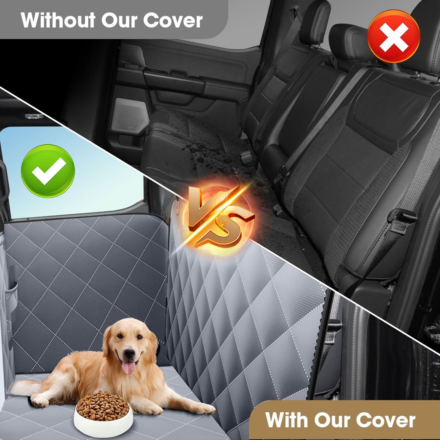 SANQITARA XL Dog Seat Cover for Truck with Flip Up Rear Seats, Waterproof Dog Back Seat Floor Cover with Door Protector & Pet Seat Belt for Crew Cab Trucks, Pet Truck Accessories for F150