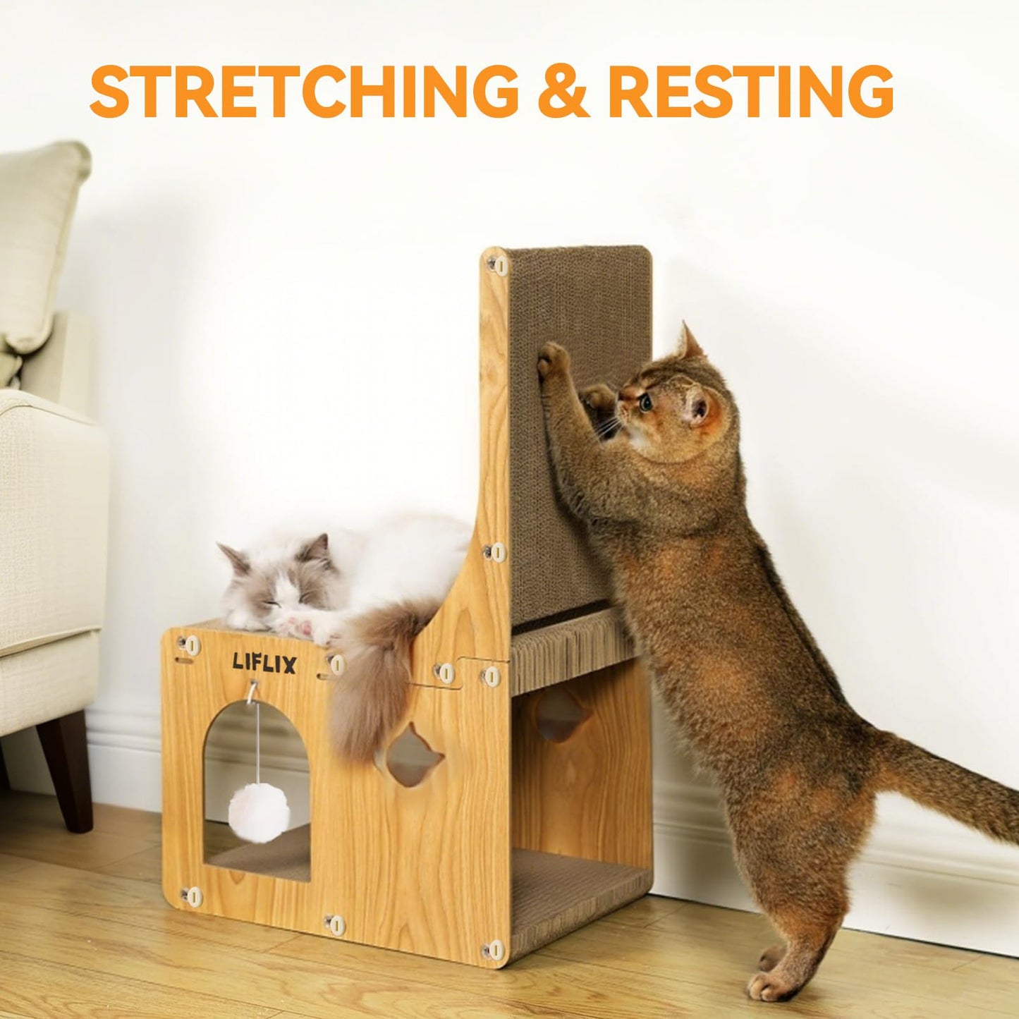 LIFLIX Double-Layer L-Shaped cat Scratching Board, Cardboard cat Scratching Post with Toys, Hideaway & Cat Scratcher for Indoor Cats to Scratch, Rest, Play