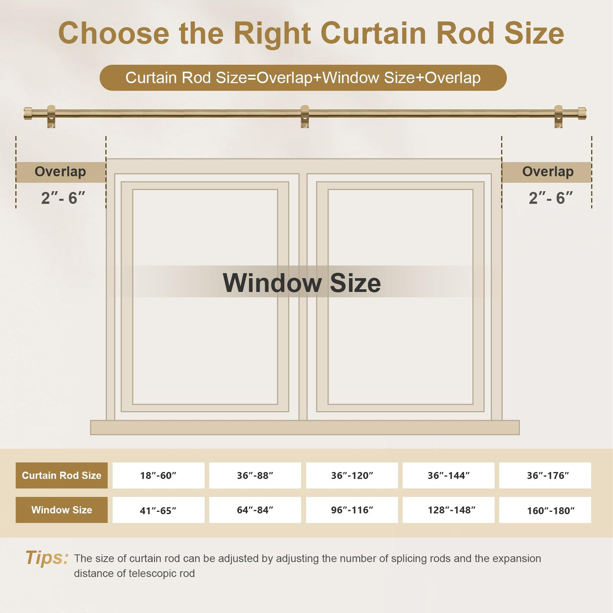 JRZOO Warm Gold Curtain Rod 36-144 Inches Adjustable, 1" Diameter Heavy Duty Window Rod with Alloy Metal Finials & New Heavy Duty Brackets for Bedroom Living Room Kitchen