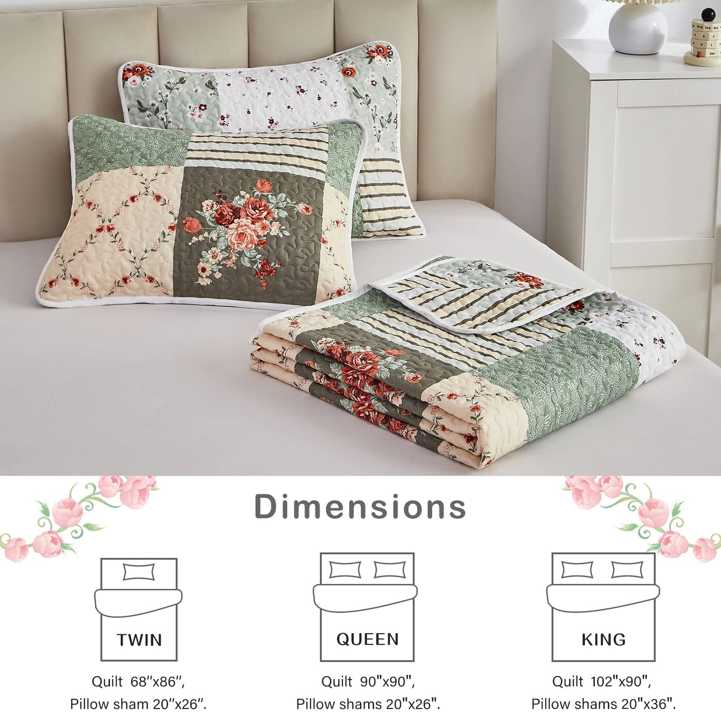 Floral Patchwork Quilt Set 3 Pieces Full/Queen Size, Green Plaid Reversible Bedspread Coverlet Set, Soft Microfiber Lightweight Bed Cover for All Season (90" x 90", 1 Quilt+ 2 Pillow Shams)