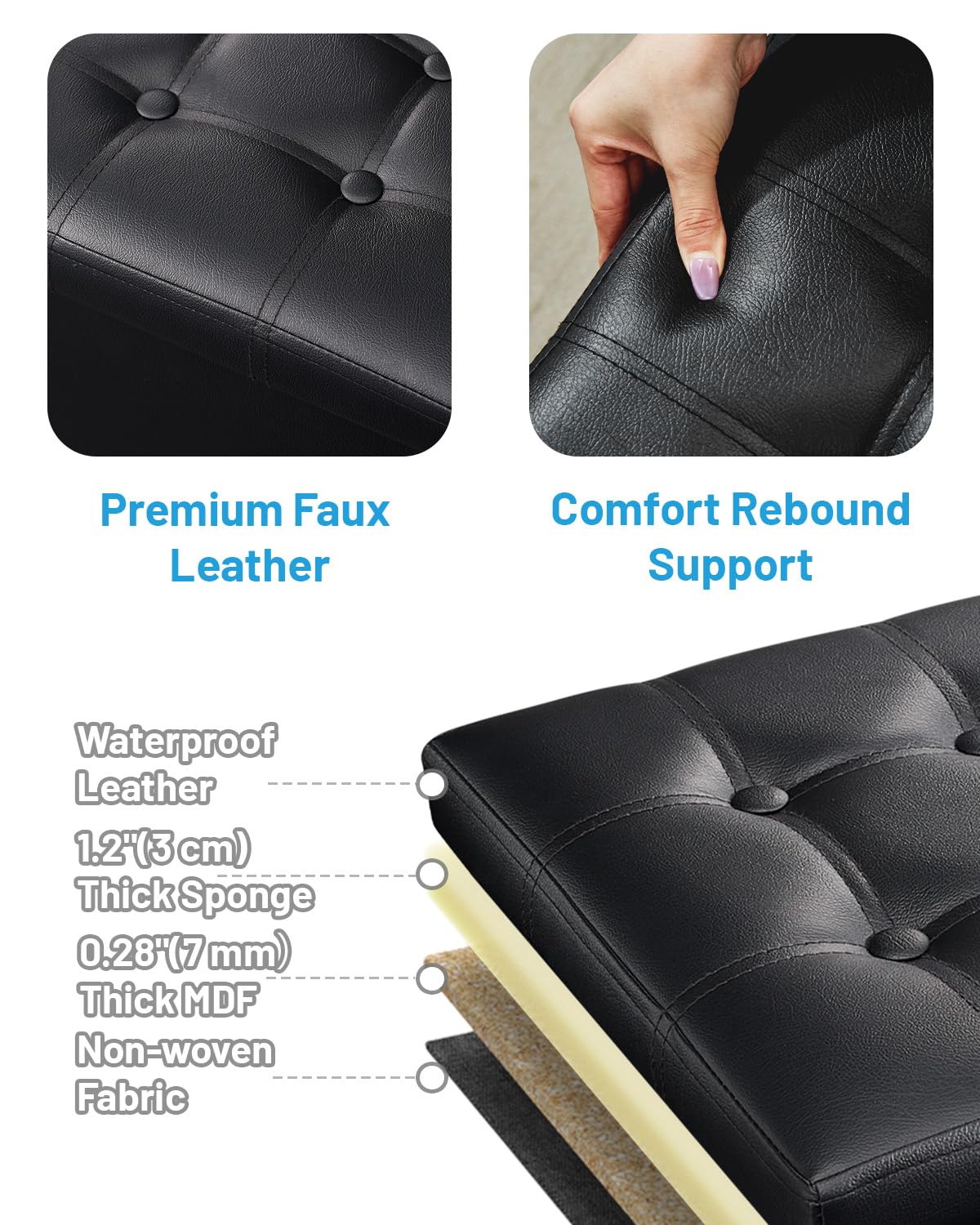 AmasSmile Storage Ottoman Foot Rest Stool, 17 inch Leather Folding Footstool Bench, Short Ottoman Stool, Black Storage Foot Rest Store, Books (Black, 33D x 43W x 33H cm)
