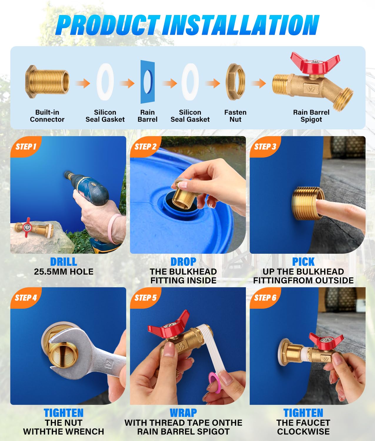WADEO 2PCS Brass Rain Barrel Spigot Kit, Quarter Turn Ball Valve Spigot with Bulkhead Fitting, Rain Barrel Kit for Any Including 5 55 Gallon Drum Spigot Bucket