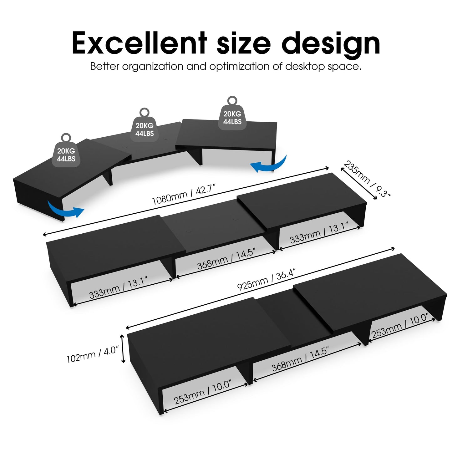 FITUEYES Dual Monitor Stand - 3 Shelf Computer Monitor Riser, Wood Desktop Stand with Adjustable Length and Angle, Desk Accessories, Office Supplies Medium Black,DT108001WB
