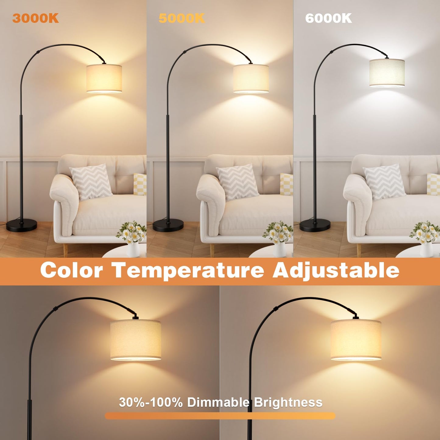 Ambimall 70" Dimmable Arc Floor Lamp with Remote, Color Temperature and Brightness Adjustable, Arched Floor Lamp with Rotating Head, Over Couch Arched Reading Light for Living Room (Beige and Black)
