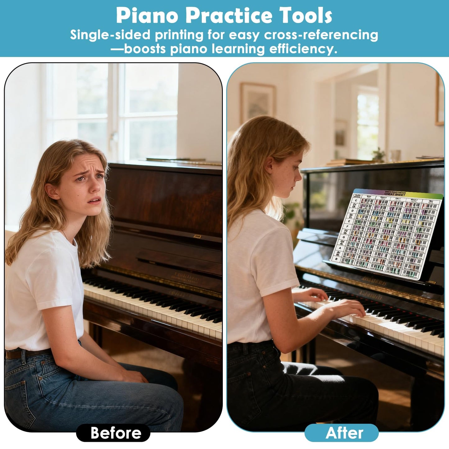 Enjoyard Piano Theory Cheat Sheets - 7 Large 30x30cm Piano Learning Cards for Beginners & Intermediates | Scales, Chords, Intervals, Circle of Fifths, Staff Notes Reference Guide Piano Practice Tools