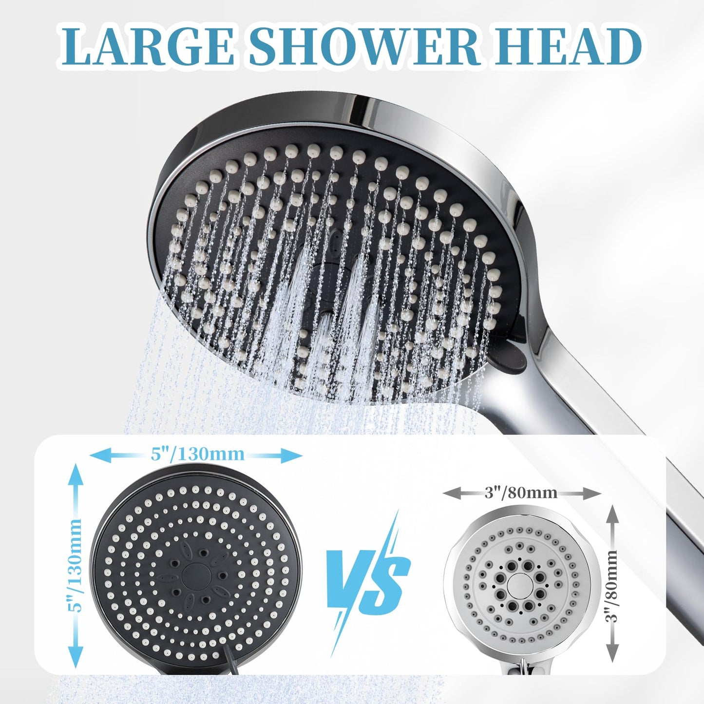 OFFO Shower Head Set, 6-Mode High Pressure Handheld Sprayer with 1.5m Stainless Steel Hose & Showerhead Holder, High Flow Large Powerful Boosting Handheld Showerhead for Low Water Pressure, Chrome