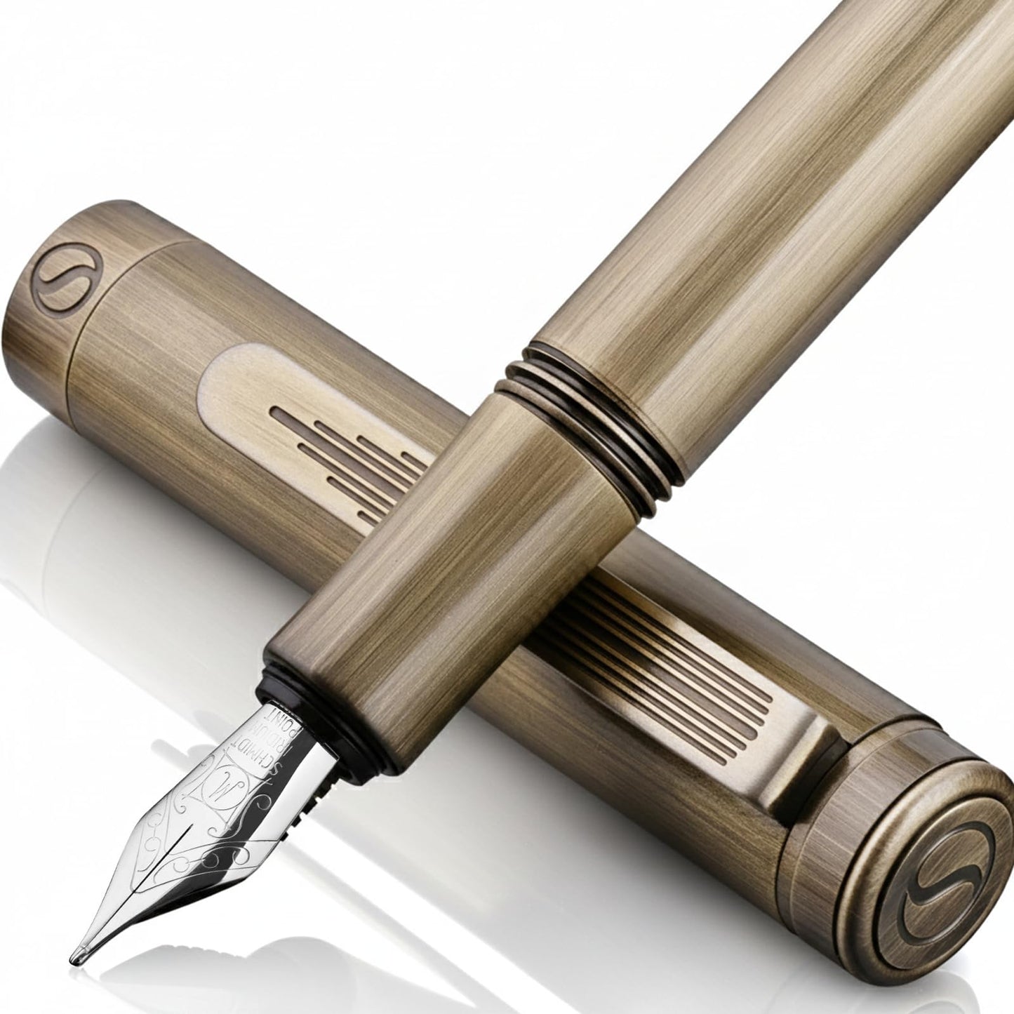 Scriveiner Luxury EDC Fountain Pen (Medium), Stunning Heavy Brass Pocket Pen, Hand Brushed Finish, Schmidt German Nib Converter, Best Writing Pen Gift Set for Men Women, Nice Fancy Designer Pen