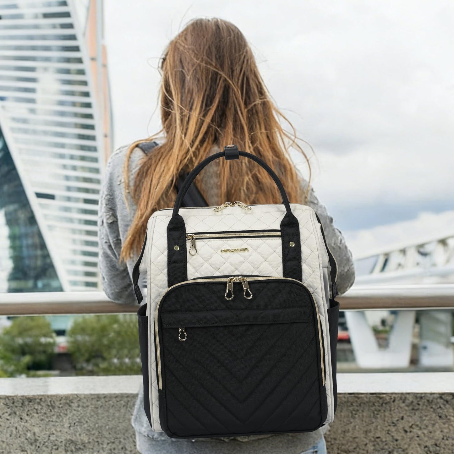 KROSER 17" Laptop Backpack Water Repellent Quilted Daypack for Travel Business College Men Women+Beige/Black