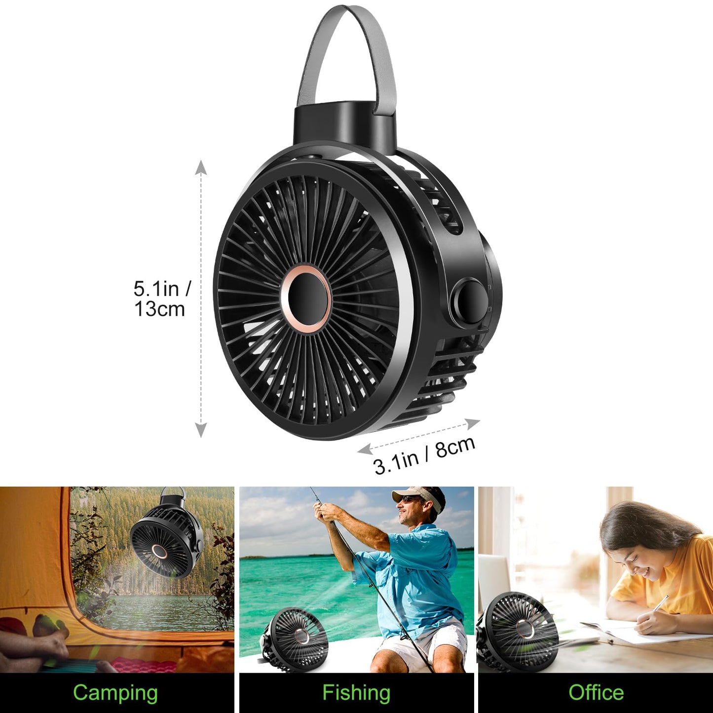 Odoland 10000mAh Camping Fan with Hanging Hook, Rechargeable Outdoor Small Tent Fan, Portable Quiet Battery Powered Operated USB Desk Fan for Camping, Hiking, Picnic and Travel