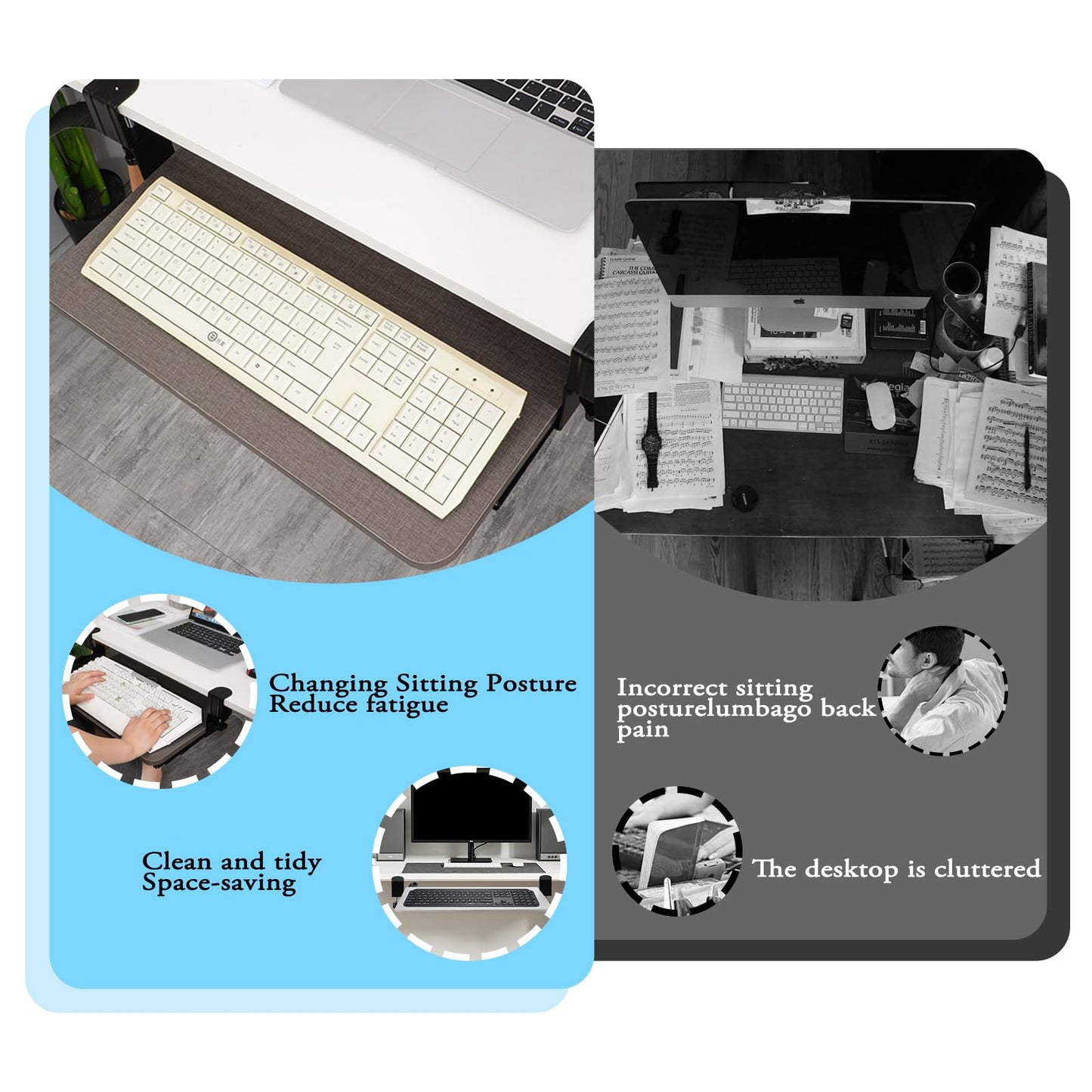 Realand Sliding Keyboard Tray Under Desk Slide, 45°Swivel Keyboard Tray Keyboard Holder for Desk Pull Out Keyboard Drawer Under Desk Keyboard Tray Slide Out Clamp on Desk Shelf (Black)