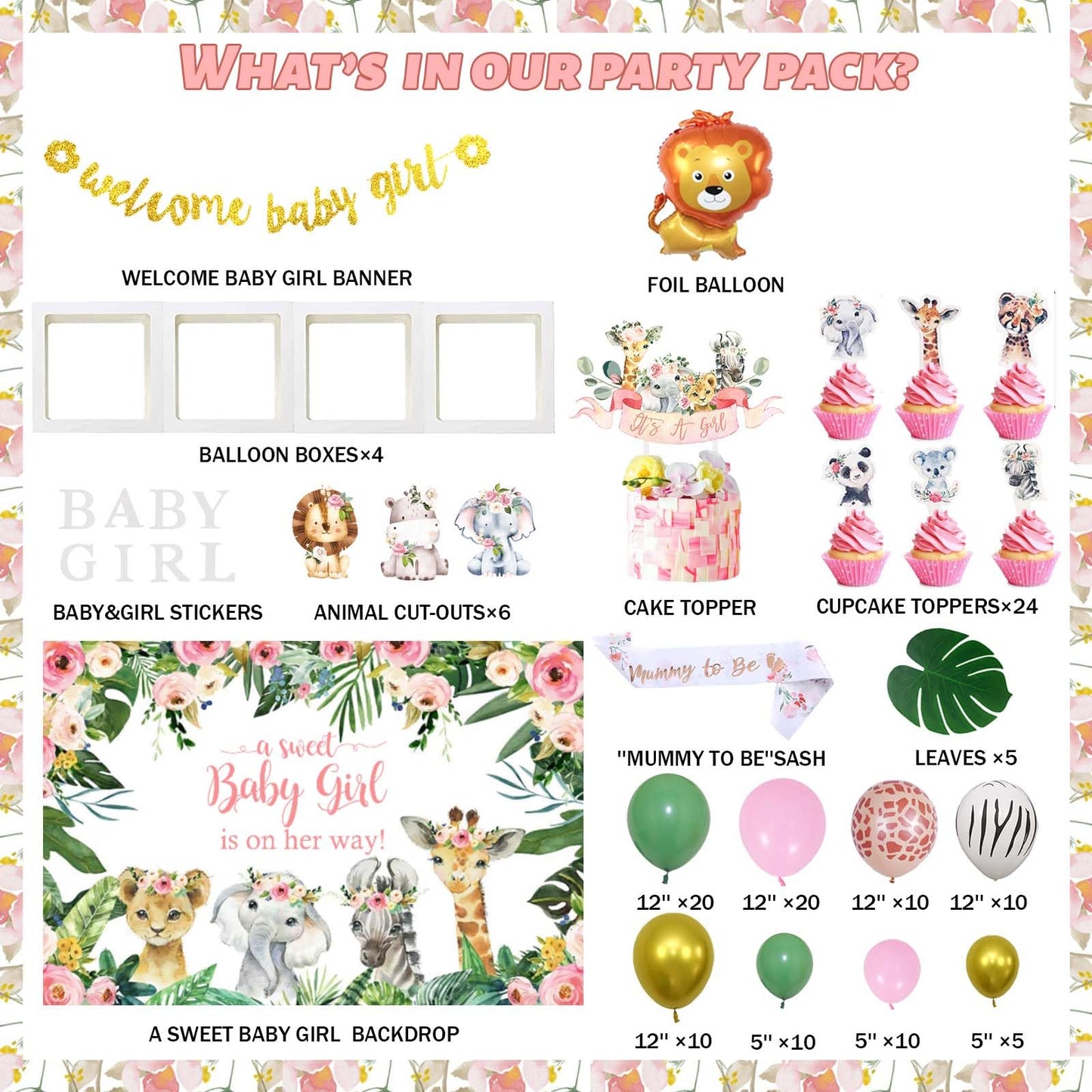 149 PCs Safari Baby Shower Decorations for Girl, Fiesec Jungle Themed Décor Backdrop Balloon Garland Arch Artificial Leaves Box Cutout Glitter Banner Cake Topper Sash Lion Cheetah Giraffe Pink