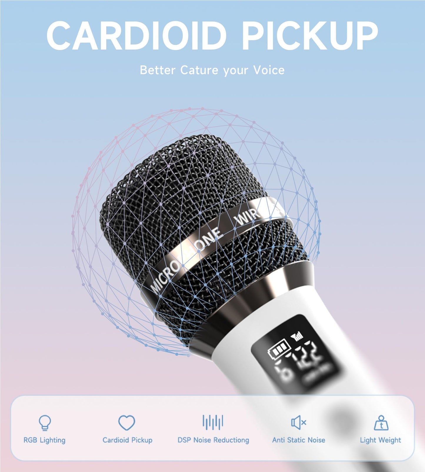Wireless Microphones, Micorphone with One-to-One Chip Connection and LED Lights, 40H Duration, 200FT Range Receiving, Volume Control Karaoke Micorphone for Singing, Speech, Home Party (White)