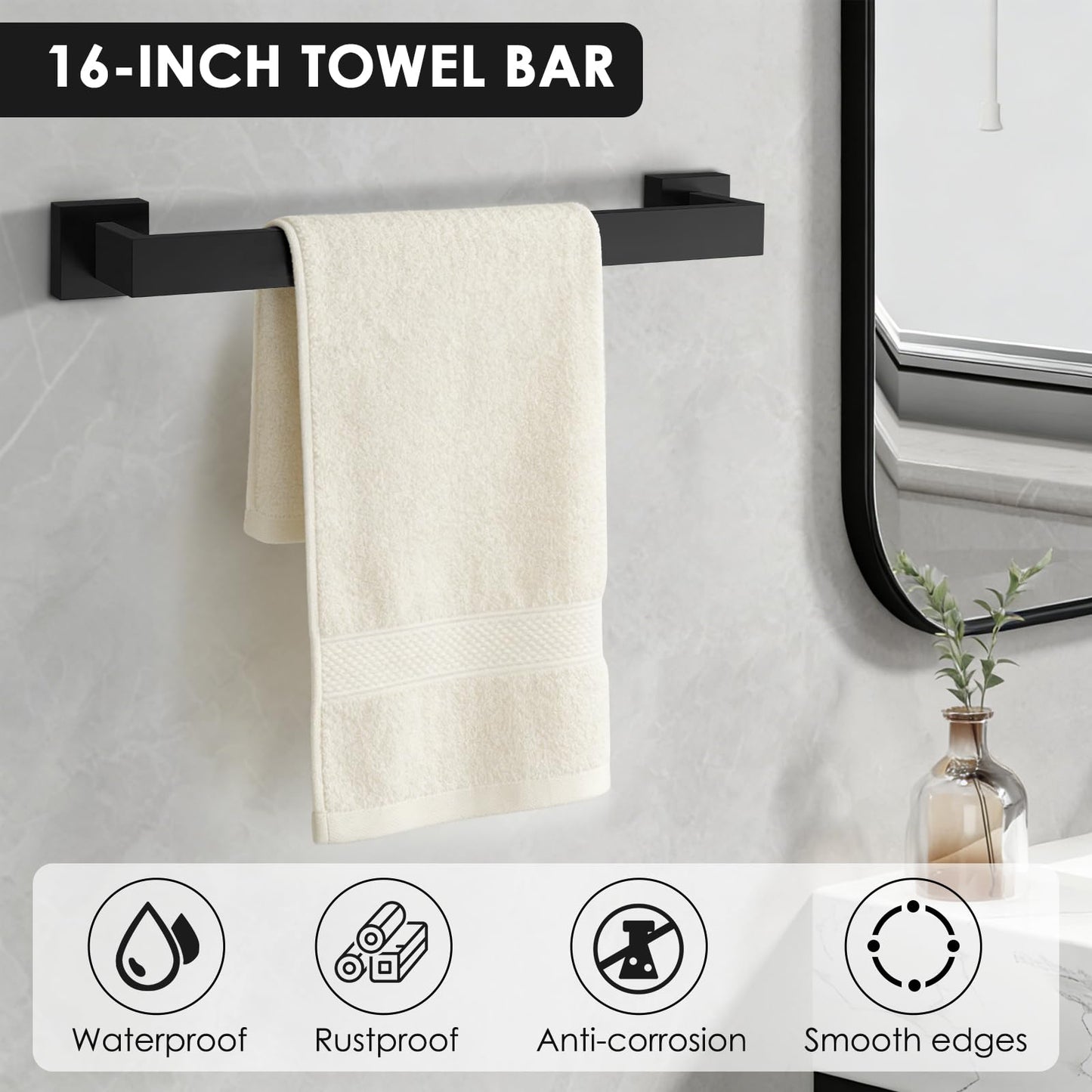 Bathroom Accessories Set,5-Piece Bathroom Towel Holder, Includes 16Inch Towel Bar Set, SUS304 Stainless Steel Toilet Paper Roll Holder,Matte Black Square Towel Ring, 2 Towel Hooks for Bathroom,Kitchen
