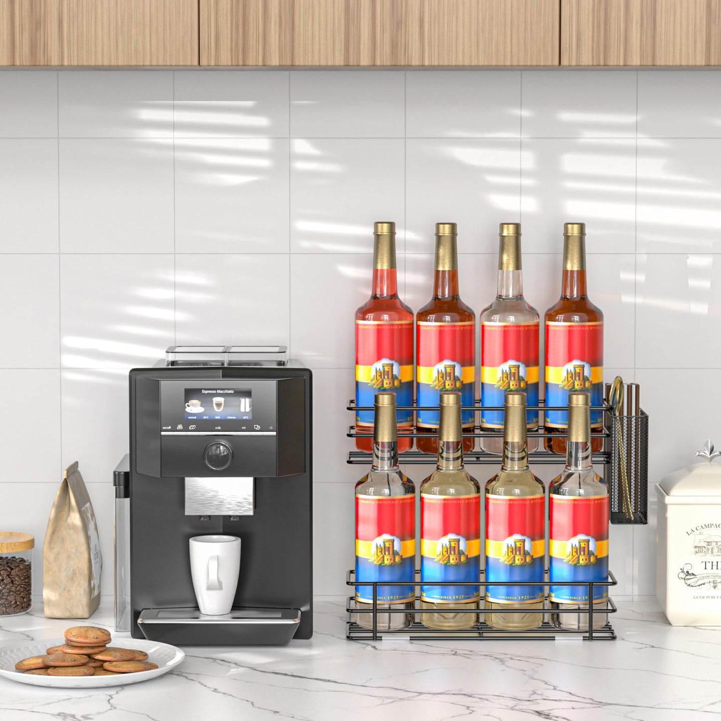 OVICAR Coffee Syrup Storage Rack - 8 Coffee Bottle Holders and Station Accessories with Straw and Pod Basket, 2 Tier (Black)