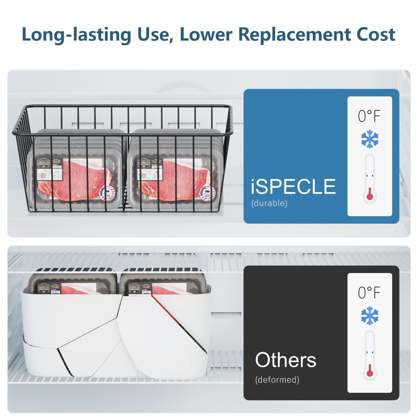 iSPECLE 6 Pack Upright Freezer Organizer Bins for 11 Cu.Ft, Heavy Duty Wire Storage Baskets with Handles, Rust-Resistant Metal Crates for Meat & Veggies, Stand Up Freezer Organization, Black