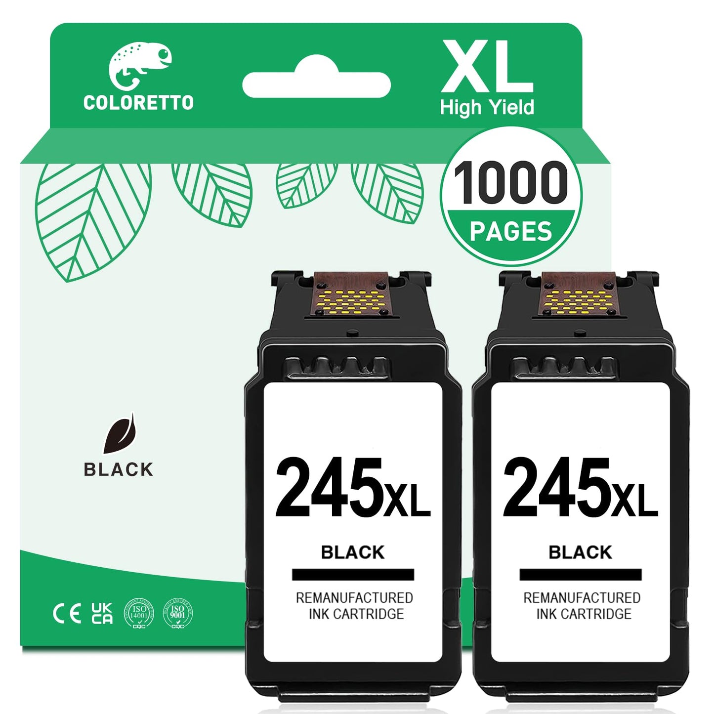 COLORETTO 245XL Black Ink for Canon Pixma TS3420 Ink Cartridges TS3400 TS3425 TS3120 MG2920 MG2922 MG3020 TR4500 TR4527 TR4522 MX490 MX492 IP2820 Printer Ink PG-245 XL Remanufactured Pixma 2-Pack