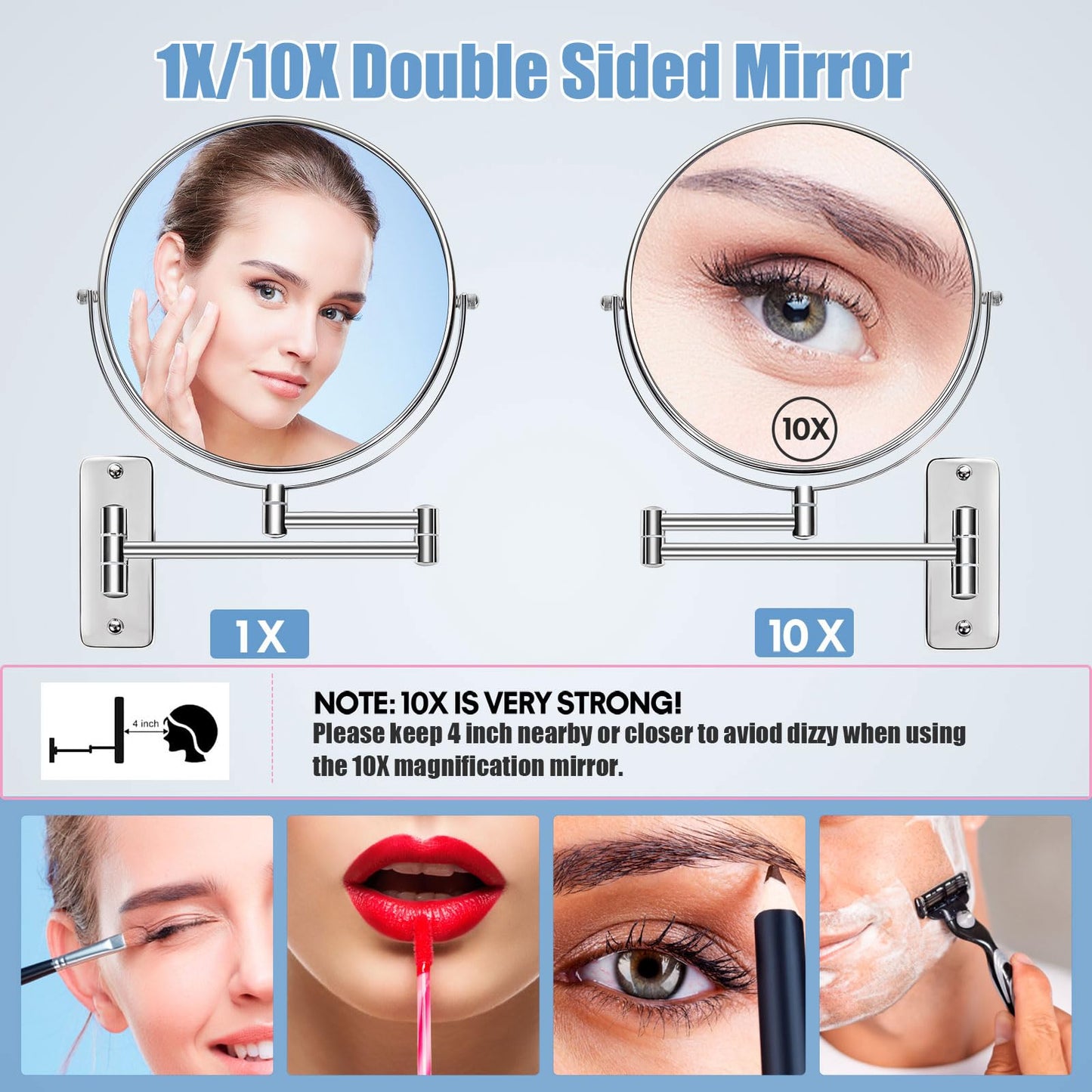 Large Size 9-in Wall Mounted Magnifying Makeup Mirror 1X/10X Magnification,Extendable Bathroom Mirrors Wall Mount Vanity Mirror for Shaving,12-in Folding Arm,Flexible Adjustable,Space-Saving,No Light