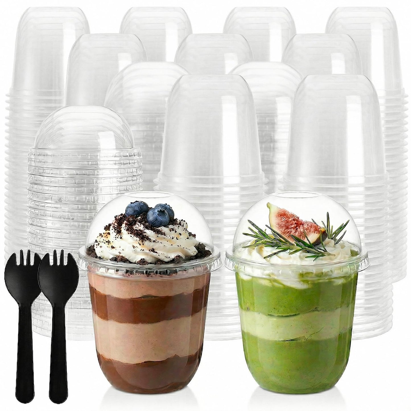 Nicunom 100 Pack 12 oz Clear Dessert Cups with Dome Lids (No Hole) & Sporks, Plastic Parfait Cups, No Leaking Disposable Party Cups with Lids for Ice Cream Fruit Cake Snacks Yogurt Cold Drinks