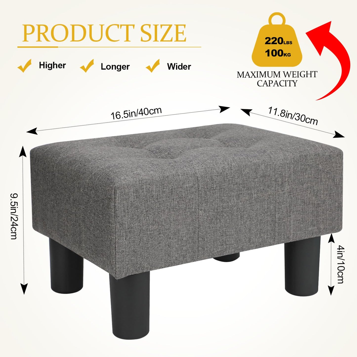 Nizrezol Small Foot Stool Ottoman, Linen Ottoman Foot Rest with Legs, Rectangle Foolstool Footrest for Couch Living Room Entryway, Grey 15.8x11.8x9.5in