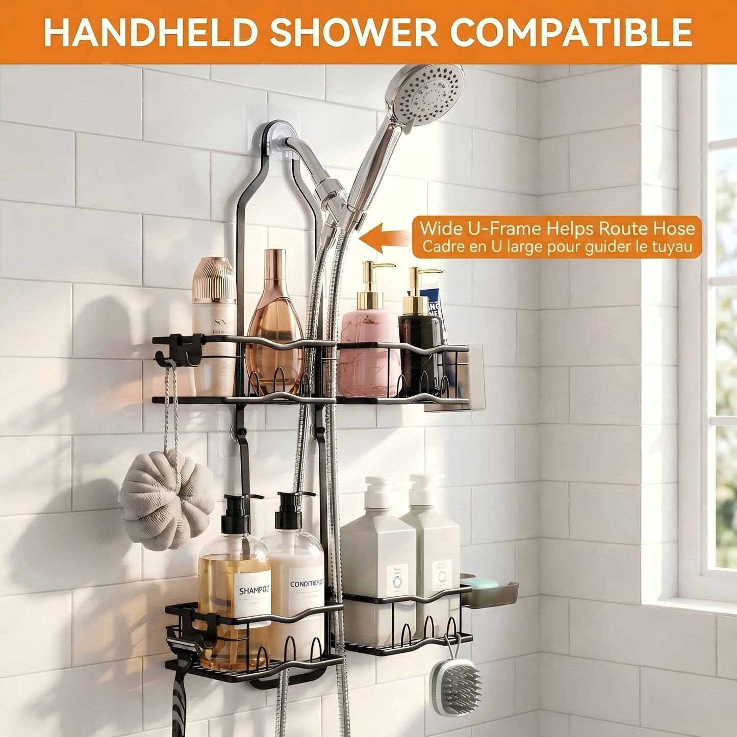 Budsun 2-Tier 15.35" Extra Wide Hanging Shower Caddy for Handheld Shower Head, Rust-Resistant No-Drill Organizer, Anti-Swing Rack, Soap Holder, 4 Adhesive Hooks, Black/Étagère de douche