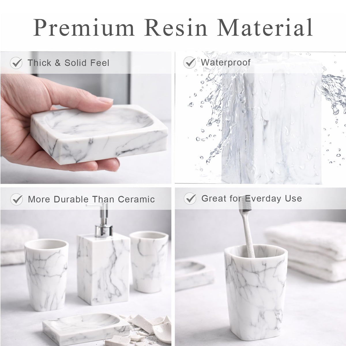 5 Piece Bathroom Accessories Set, Marble Resin Bathroom Vanity Set, Soap Dispenser, Toothbrush Holder, Soap Dish & 2 Tumblers, Bathroom Countertop Organizer Set (Ink White)