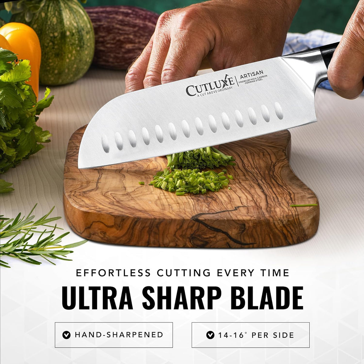 Cutluxe Santoku Knife – 7" Chopping Knife, Vegetable Knife – Forged High Carbon German Steel, Sheath Included, Full Tang, Razor Sharp, Ergonomic Handle Design – Artisan Series