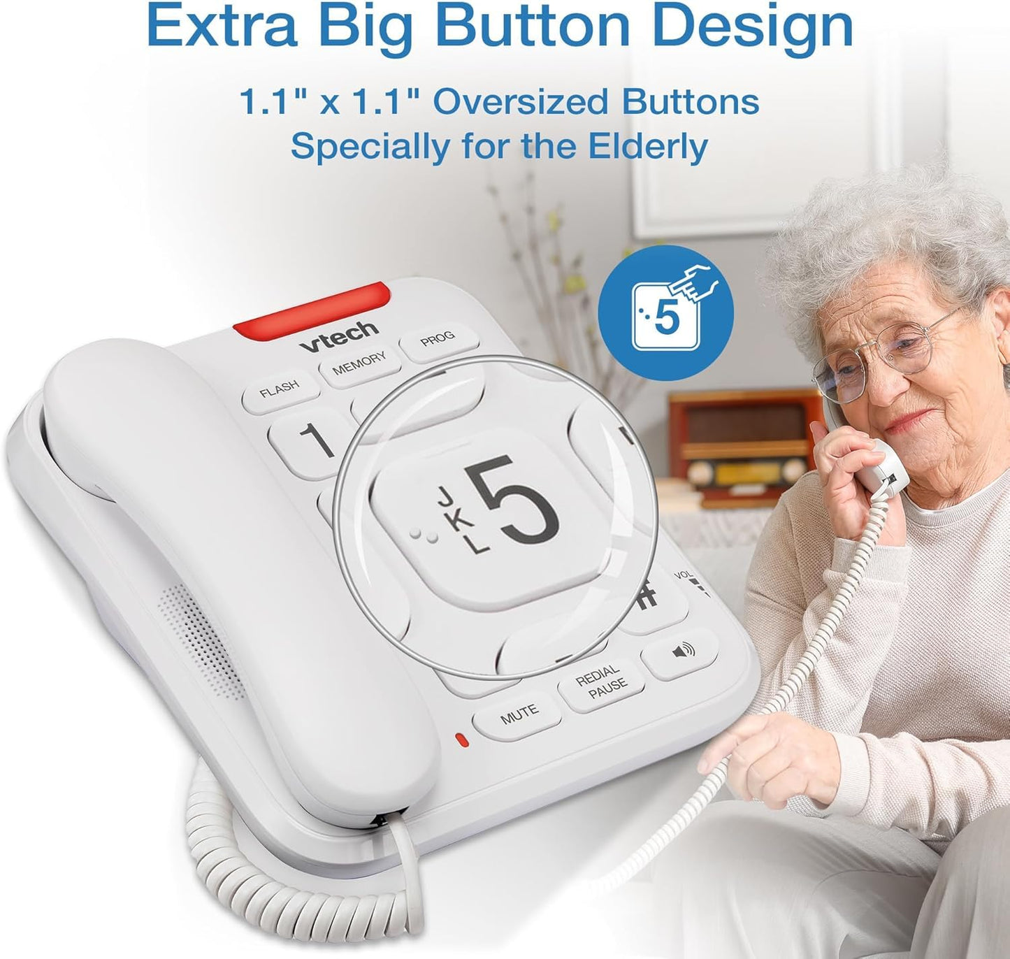 VTech Careline Corded Phone for Seniors, with Oversized High-Contrast Buttons, Talking Digits, Visual LED Ringer, Full-Duplex Base Speakerphone, 10 Number Speed Dial, SN1107